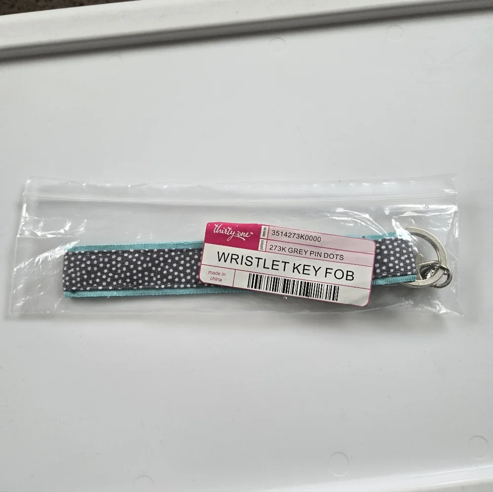 Thirty-One Wristlet Key Fob In Gray Pin Dots